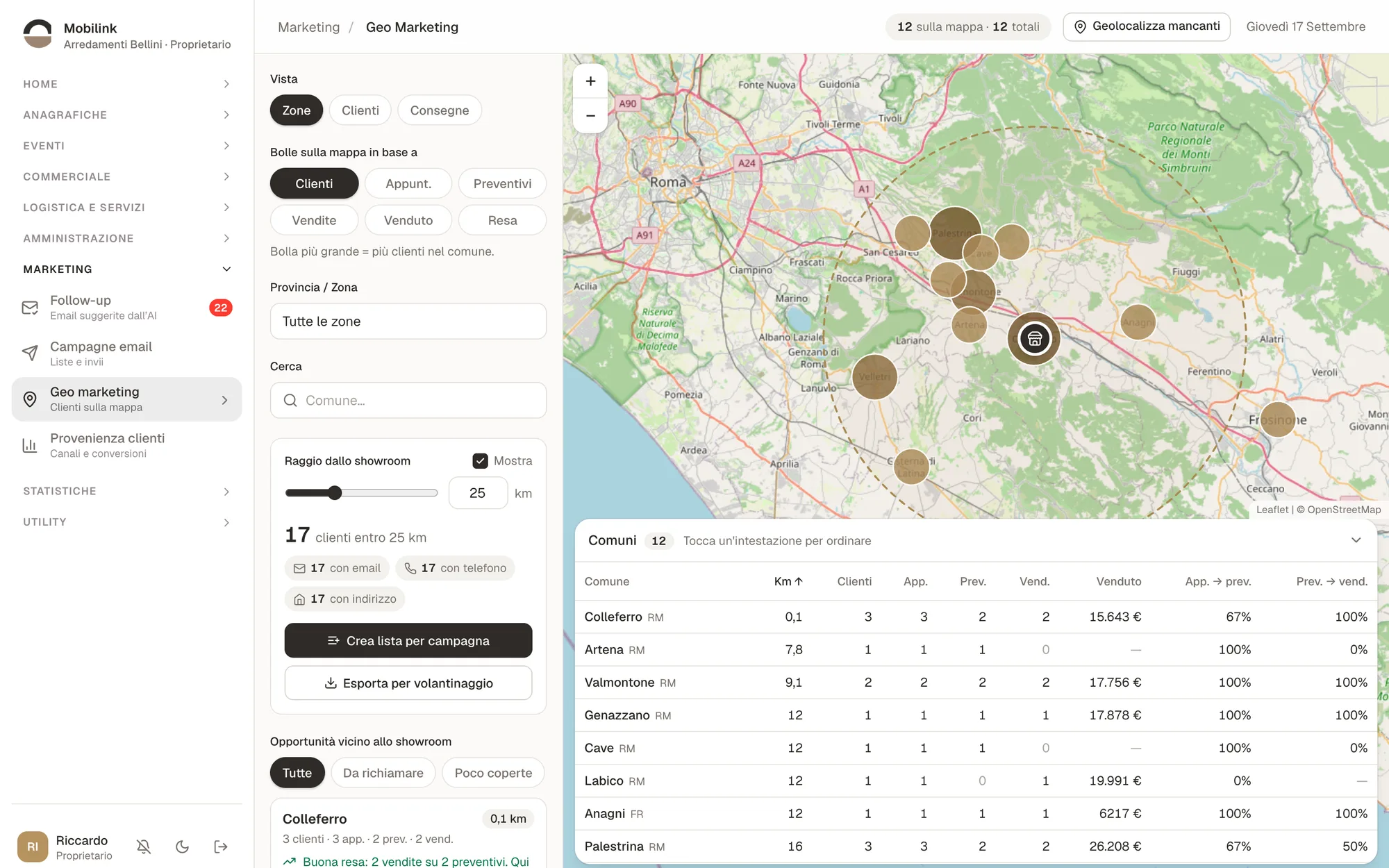 Mappa dei clienti per comune